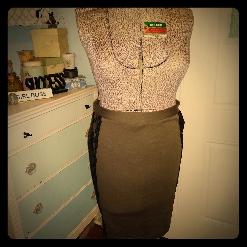 Miss Tina, 14, pencil skirt, olive green, lace.
